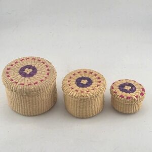 VTG Mini Wicker Raffia Storage‎ Baskets Set of 3 Decorative Round Boxes